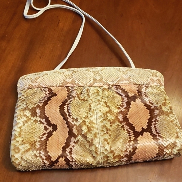 VINTAGE Varon Snakeskin & Leather Shoulder Bag Clutch Tan & Brown EUC - Picture 1 of 13